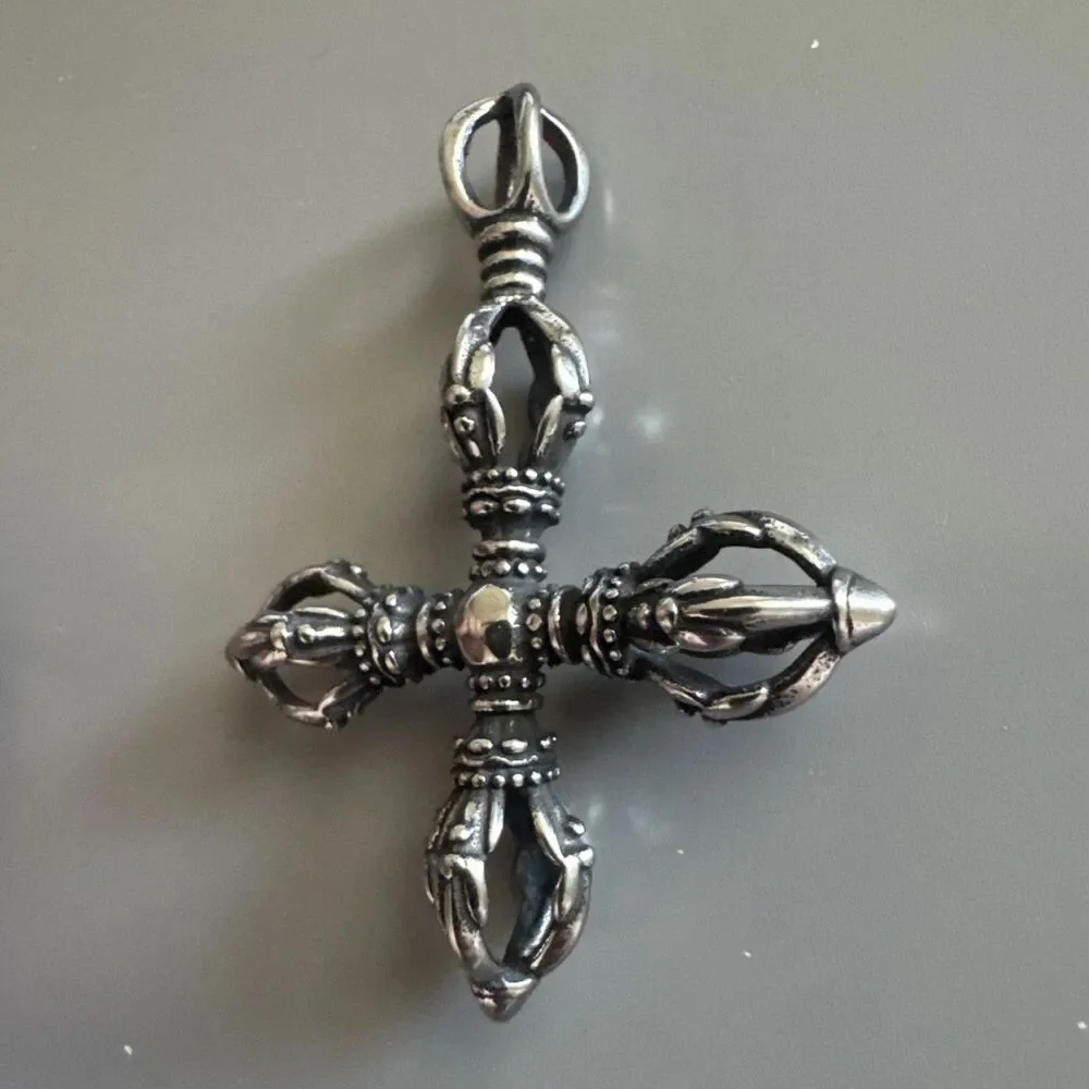 Tibetan Stainless Cross Vajra Dorje Amulet Keychain Pendant Buddhist Ritual Tool
